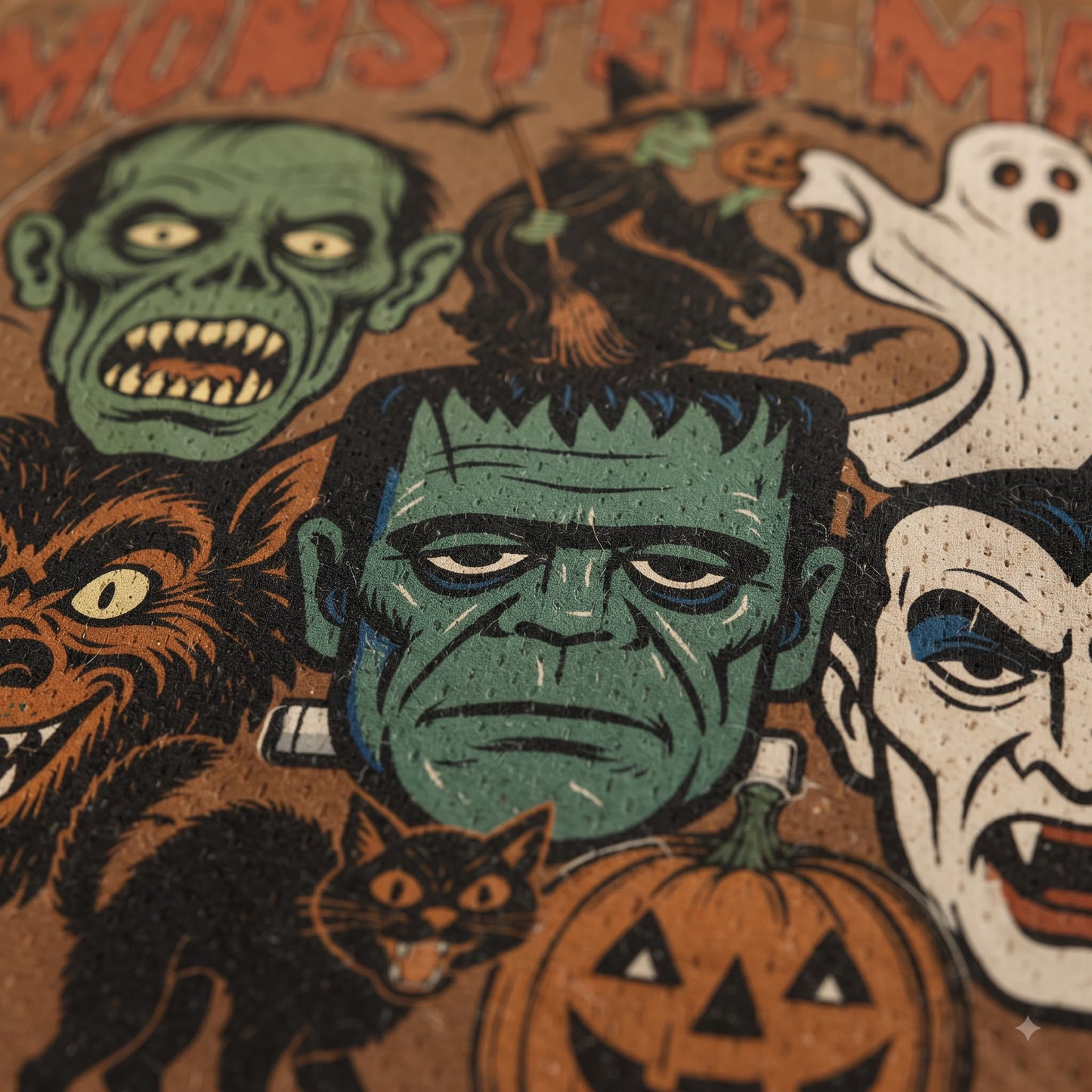 A close-up of a Halloween-themed graphic print featuring illustrated monster faces including Frankenstein's monster, a zombie, a werewolf, a ghost, and a vampire, with a jack-o'-lantern and a black cat on a brown background.
