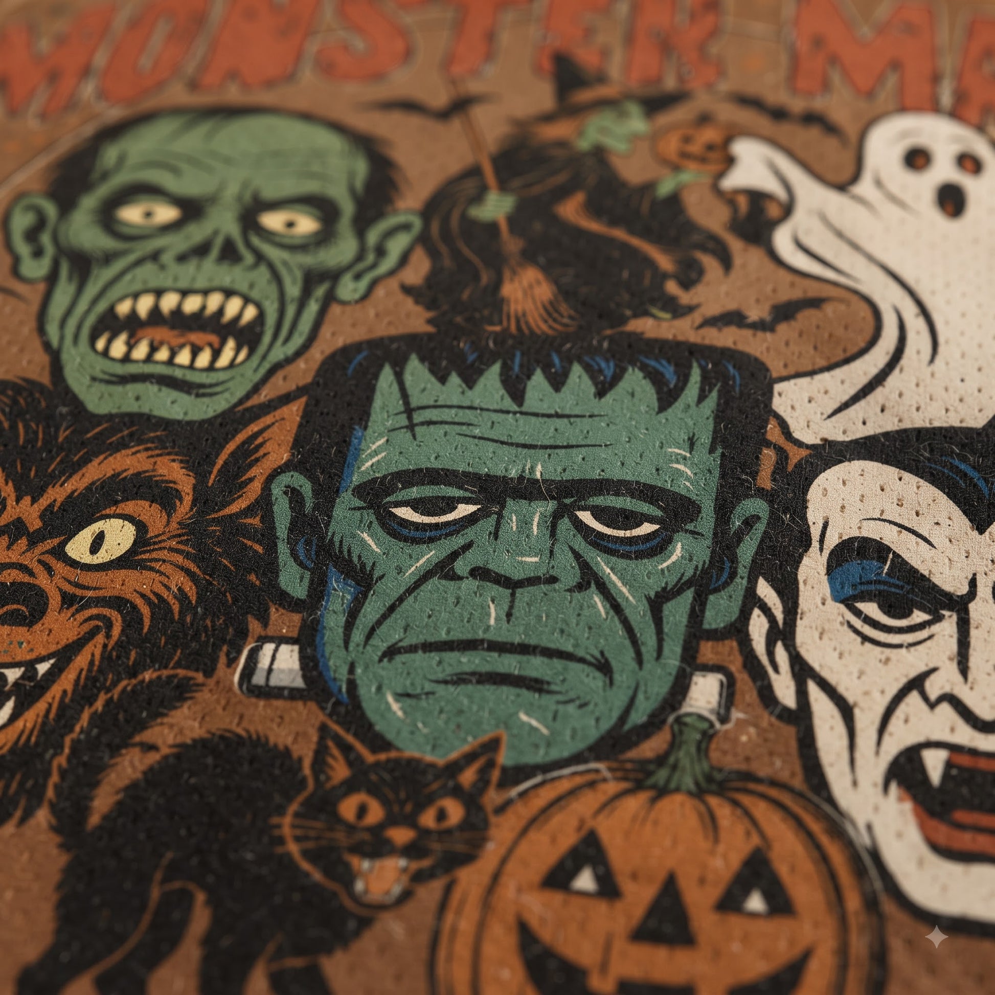 A close-up of a Halloween-themed graphic print featuring illustrated monster faces including Frankenstein's monster, a zombie, a werewolf, a ghost, and a vampire, with a jack-o'-lantern and a black cat on a brown background.