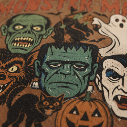 A close-up of a Halloween-themed graphic print featuring illustrated monster faces including Frankenstein's monster, a zombie, a werewolf, a ghost, and a vampire, with a jack-o'-lantern and a black cat on a brown background.