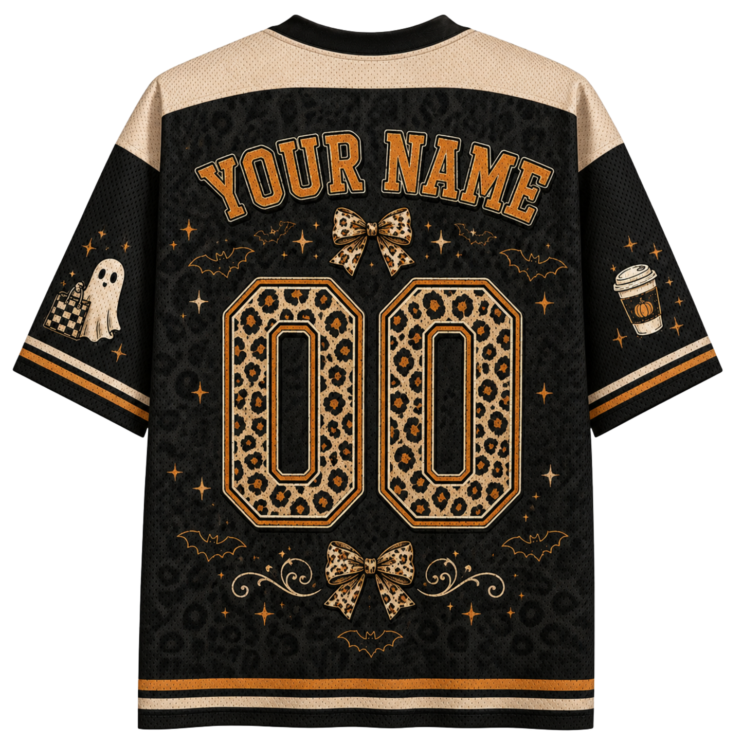 A customizable Halloween-themed short-sleeve jersey shirt shown from the back, featuring a black and beige leopard print pattern, 'YOUR NAME' and '00' placeholders, and spooky graphics like a ghost, coffee cup, and bats.