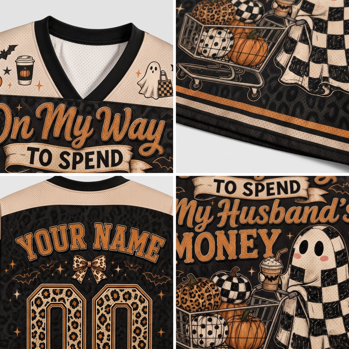 A four-panel product collage showing a custom Halloween-themed V-neck jersey. The design features a black and beige leopard print pattern with 'On My Way TO SPEND' on the front, 'YOUR NAME' and '00' on the back, and a shopping cart filled with pumpkins, a ghost, and checkered fabric on the side.