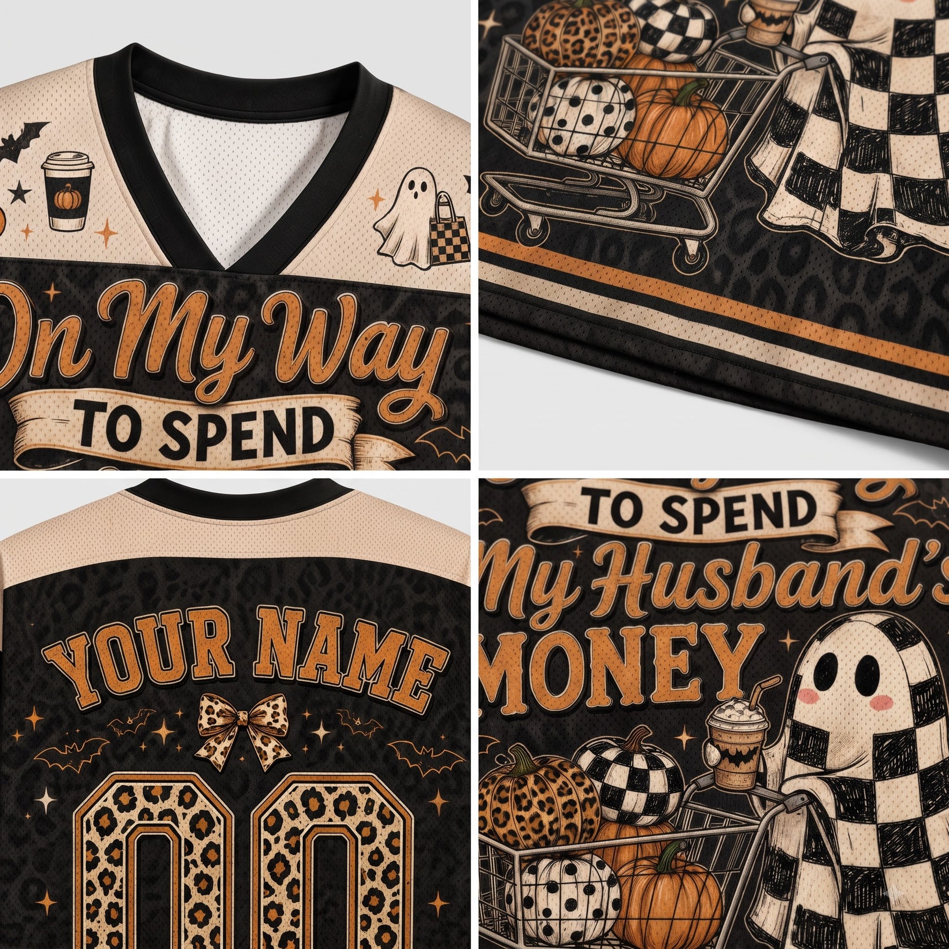 A four-panel product collage showing a custom Halloween-themed V-neck jersey. The design features a black and beige leopard print pattern with 'On My Way TO SPEND' on the front, 'YOUR NAME' and '00' on the back, and a shopping cart filled with pumpkins, a ghost, and checkered fabric on the side.