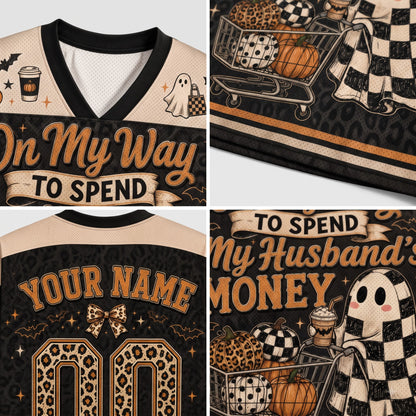 A four-panel product collage showing a custom Halloween-themed V-neck jersey. The design features a black and beige leopard print pattern with 'On My Way TO SPEND' on the front, 'YOUR NAME' and '00' on the back, and a shopping cart filled with pumpkins, a ghost, and checkered fabric on the side.