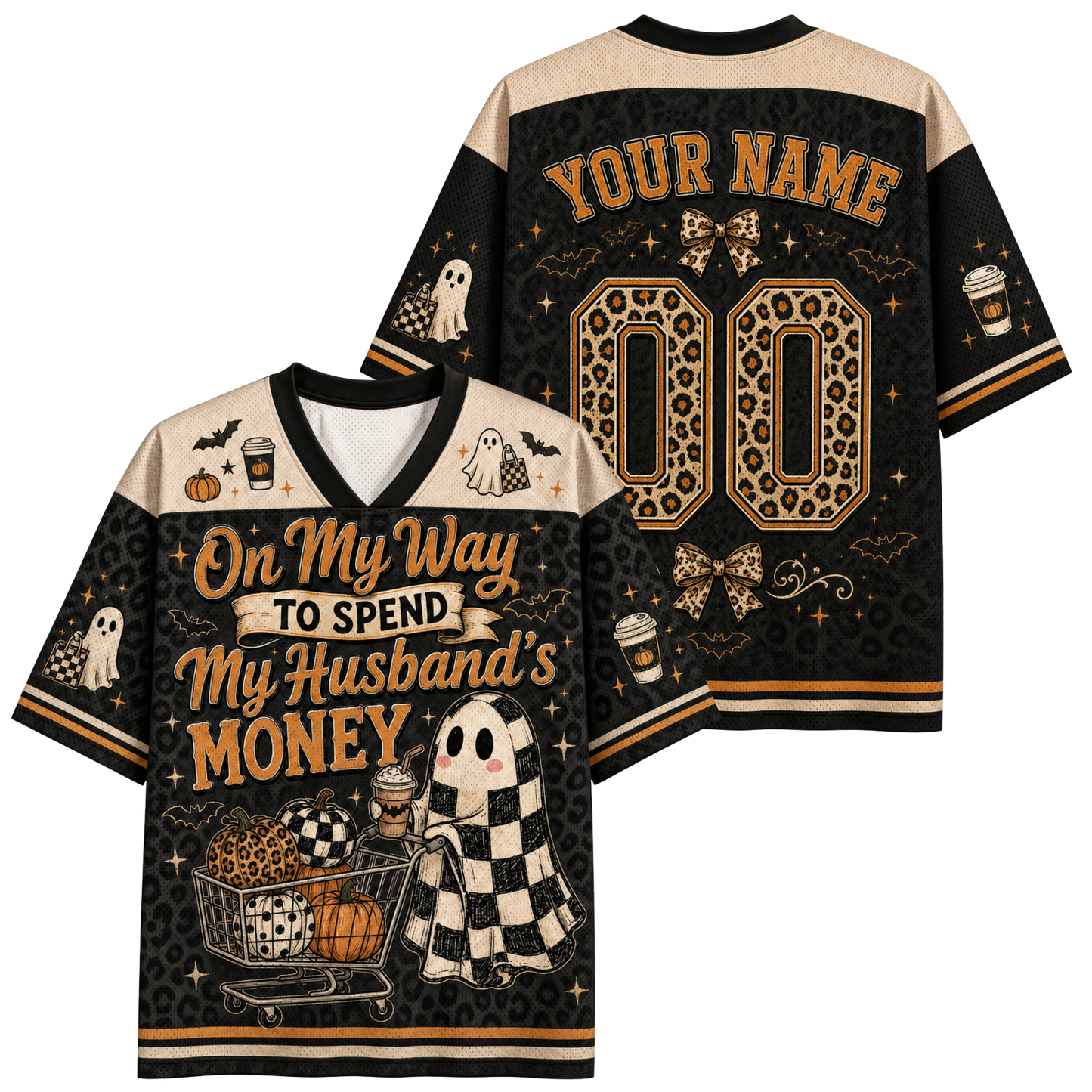A Halloween-themed short-sleeve V-neck jersey shirt shown from both front and back. The design features a black and beige leopard-print base with orange text reading 'On My Way TO SPEND My Husband's MONEY,' ghost illustrations, a shopping cart graphic, and customizable text 'YOUR NAME' and number '00' on the back.