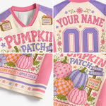 A four-panel collage showing a custom printed short-sleeve crop top. The top-left panel shows the left front with pink and purple trim, a cream base, and a pumpkin patch graphic.
