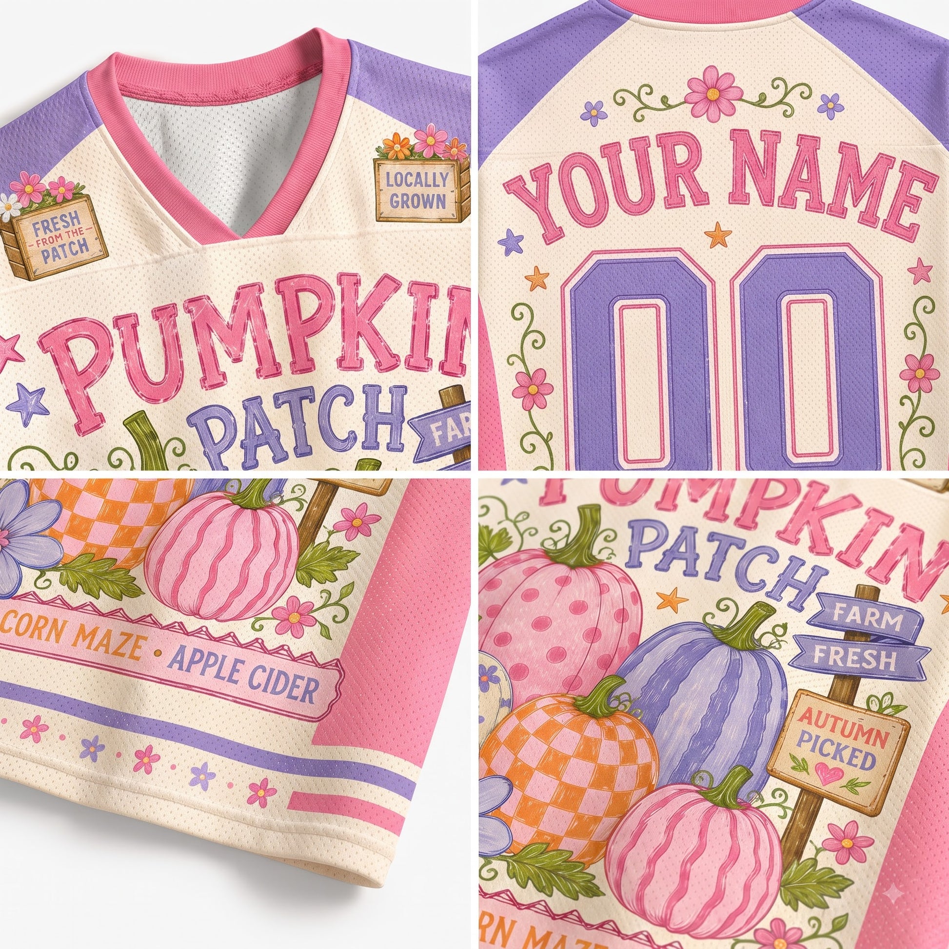 A four-panel collage showing a custom printed short-sleeve crop top. The top-left panel shows the left front with pink and purple trim, a cream base, and a pumpkin patch graphic.
