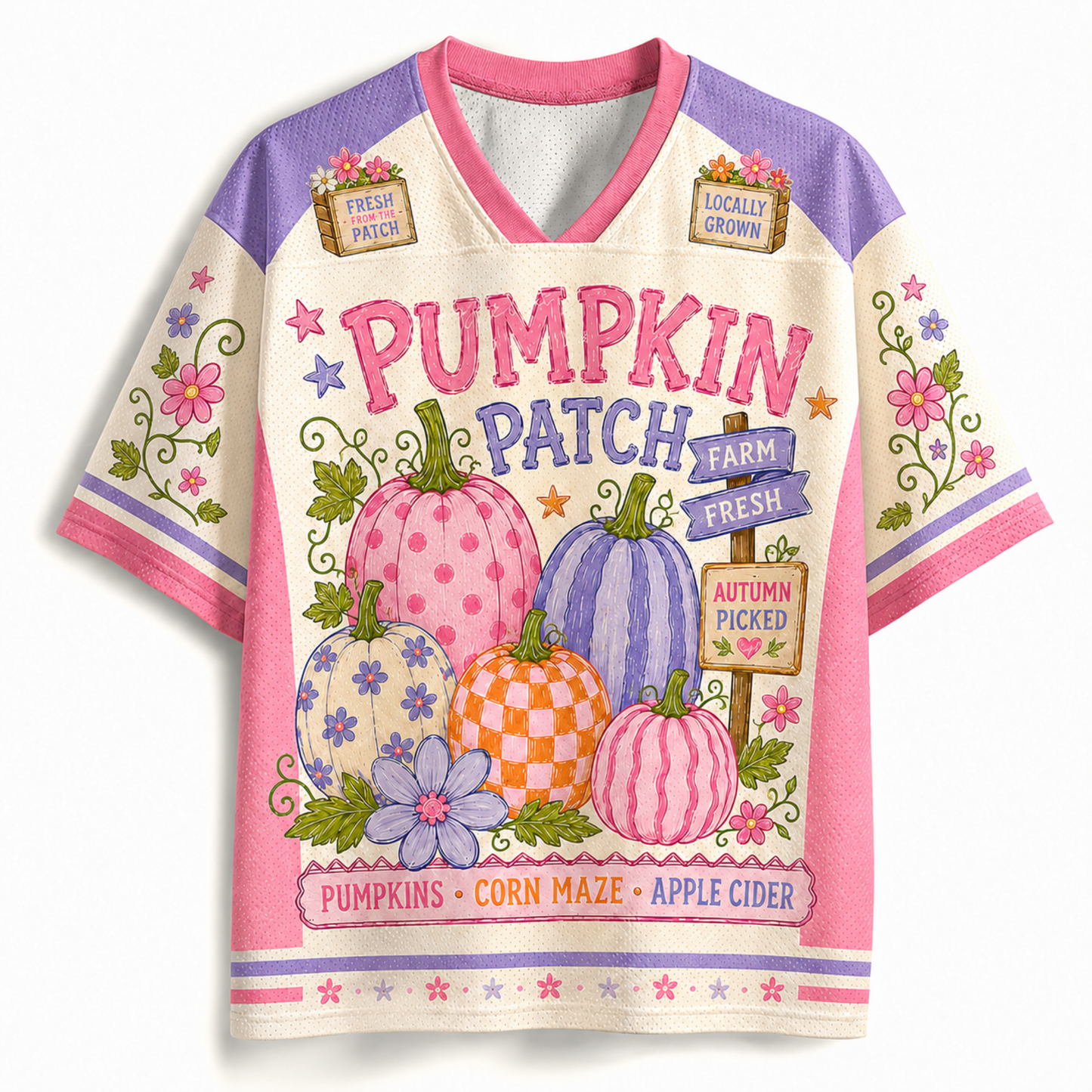 A short-sleeve V-neck graphic t-shirt featuring a colorful autumn pumpkin design with the text 'Pumpkin Patch Farm Fresh' and 'Pumpkins • Corn Maze • Apple Cider'. The shirt has a cream base with pink and purple sleeves and shoulders, decorated with floral and pumpkin motifs.