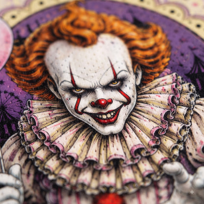 A close-up illustration of a horror clown character with orange hair, white face paint, red makeup details, and a large pleated cream ruffled collar against a purple circular background.