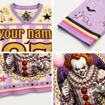 A four-panel product collage showing a custom-printed sports jersey and matching folded towel. The designs feature a purple and pale yellow theme with horror-inspired graphics, including a haunted house, bats, stars, and a clown holding a pink balloon.
