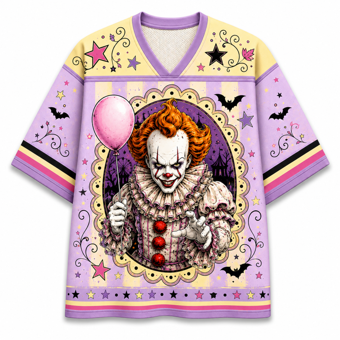 A short-sleeve V-neck t-shirt with a horror clown graphic on the front. The shirt features a light purple and pale yellow color-blocked design with black bat silhouettes, stars, and swirls, and a large central illustration of a creepy clown holding a pink balloon.