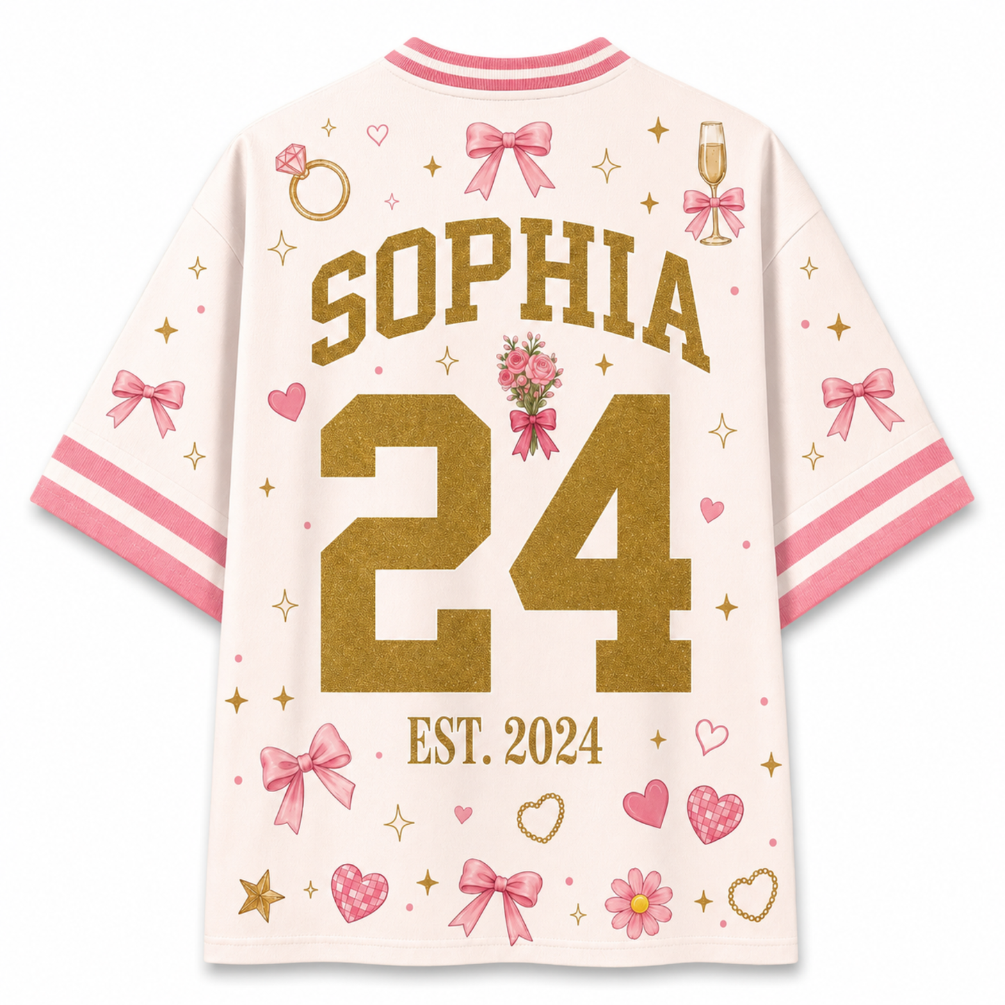 A white short-sleeve t-shirt with pink and gold custom graphics, featuring the name 'SOPHIA' and number '24' on the back, decorated with pink bows, hearts, stars, and a ring illustration.