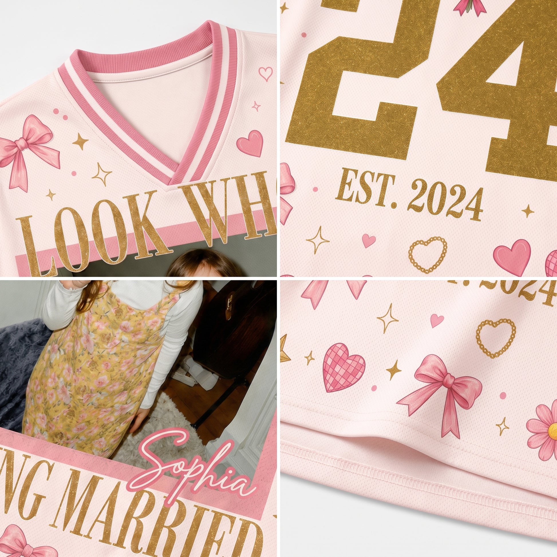 A collage showing a light pink V-neck t-shirt with custom printed designs. The shirt features pink and white striped trim, gold glitter-style lettering that reads 'LOOK WH' and 'G MARRIED', pink and gold hearts, bows, stars, and flowers.