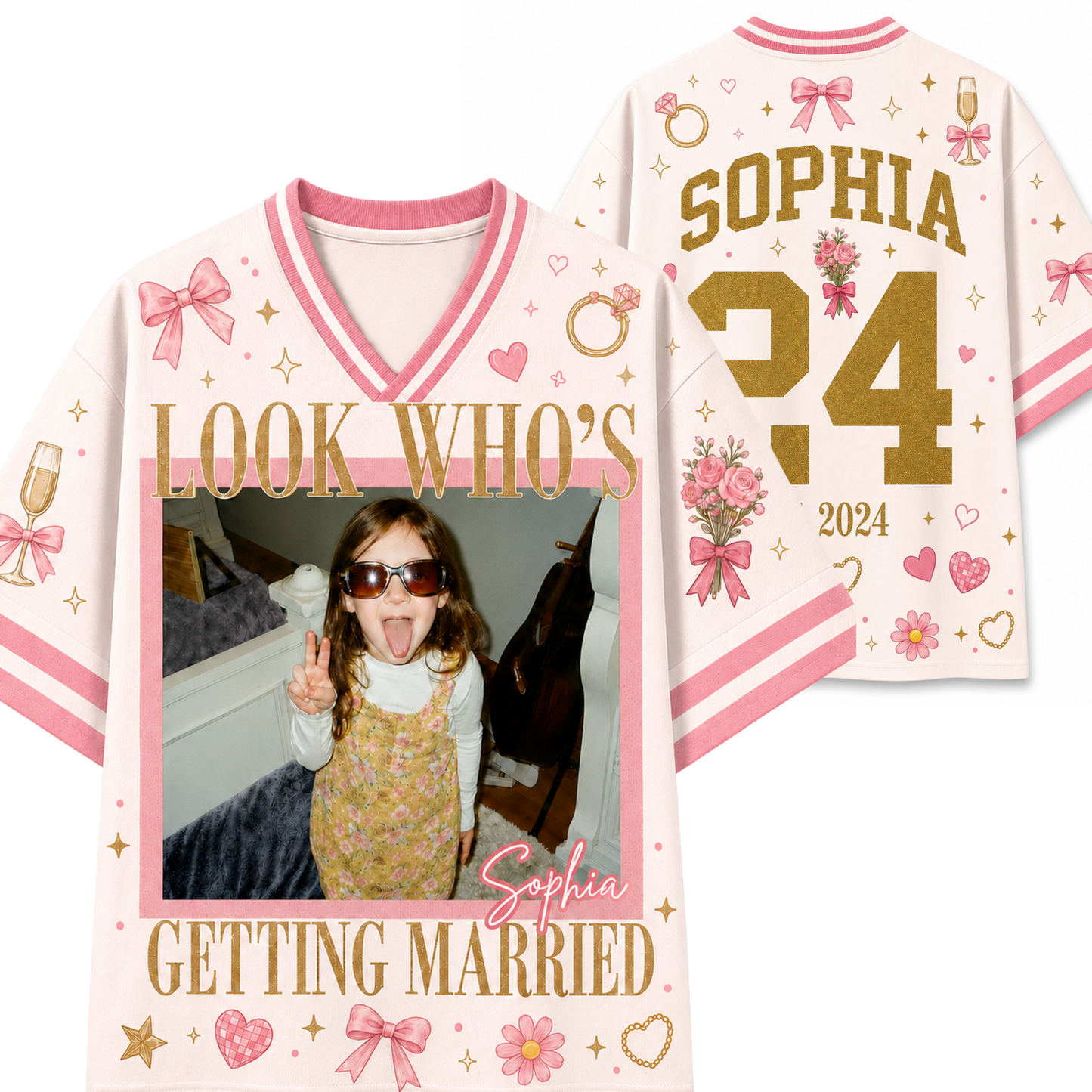 A personalized sports jersey shown from both front and back. The light pink jersey features pink and white striped trim, gold glitter-style text reading 'LOOK WHO'S GETTING MARRIED' and 'SOPHIA', a large gold question mark with '34', pink bows, hearts, flowers, champagne glasses, and a custom photo frame on the front.