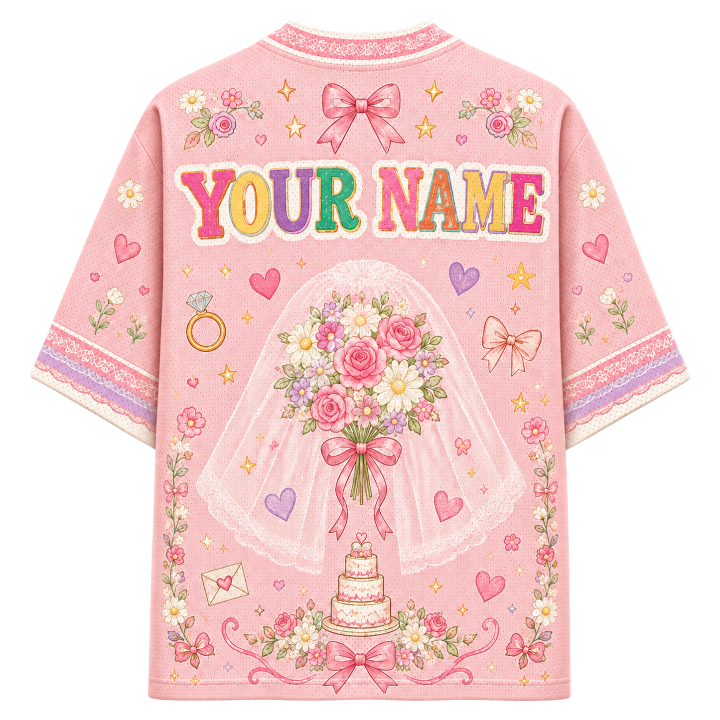 A pink short-sleeve t-shirt with a customizable graphic design on the back, featuring the text 'YOUR NAME' in colorful letters, a bride holding a rose bouquet under a veil, a wedding cake, and various floral and heart motifs.