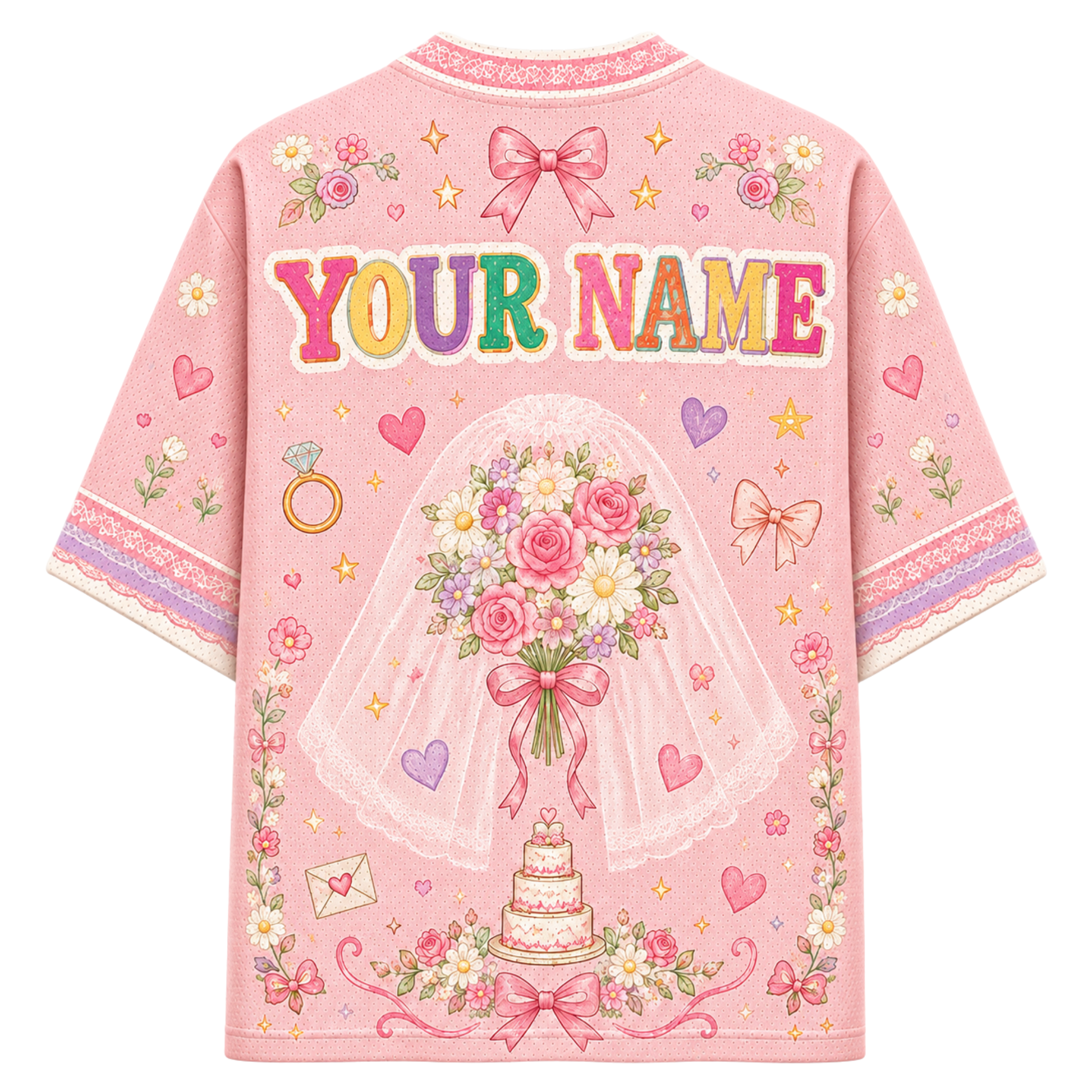 A pink short-sleeve t-shirt with a customizable graphic design on the back, featuring the text 'YOUR NAME' in colorful letters, a bride holding a rose bouquet under a veil, a wedding cake, and various floral and heart motifs.
