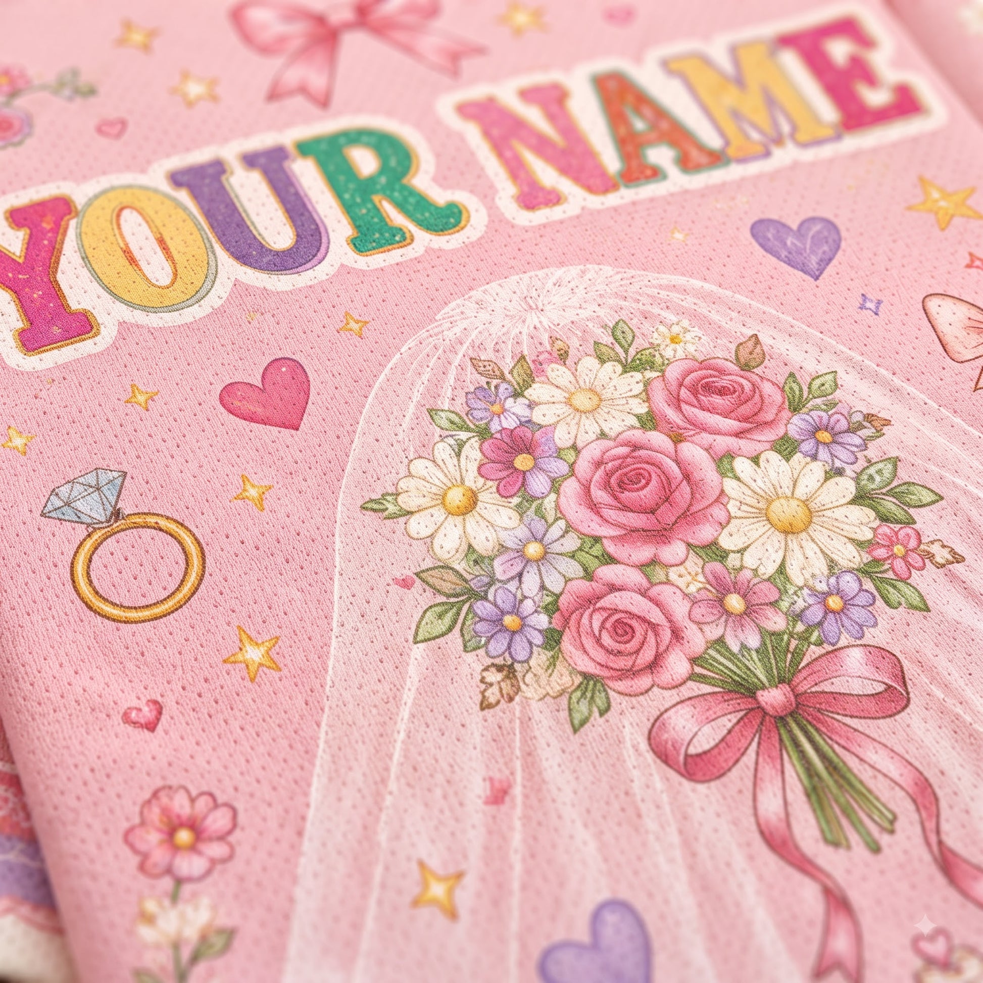 A close-up of a pink personalized wedding napkin or paper plate featuring a bride bouquet illustration, a ring, stars, hearts, and the text 'YOUR NAME' in colorful letters.