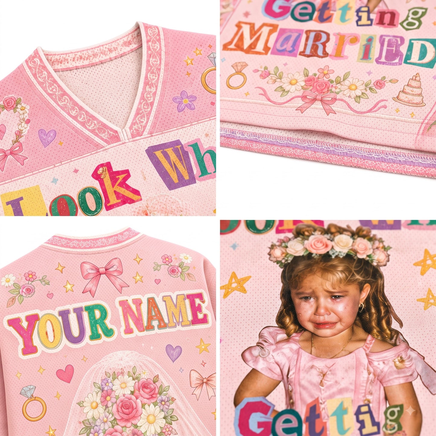 A four-panel collage showing a pink custom baby shower or engagement themed top. The top-left panel shows the V-neck collar with embroidered lace trim.