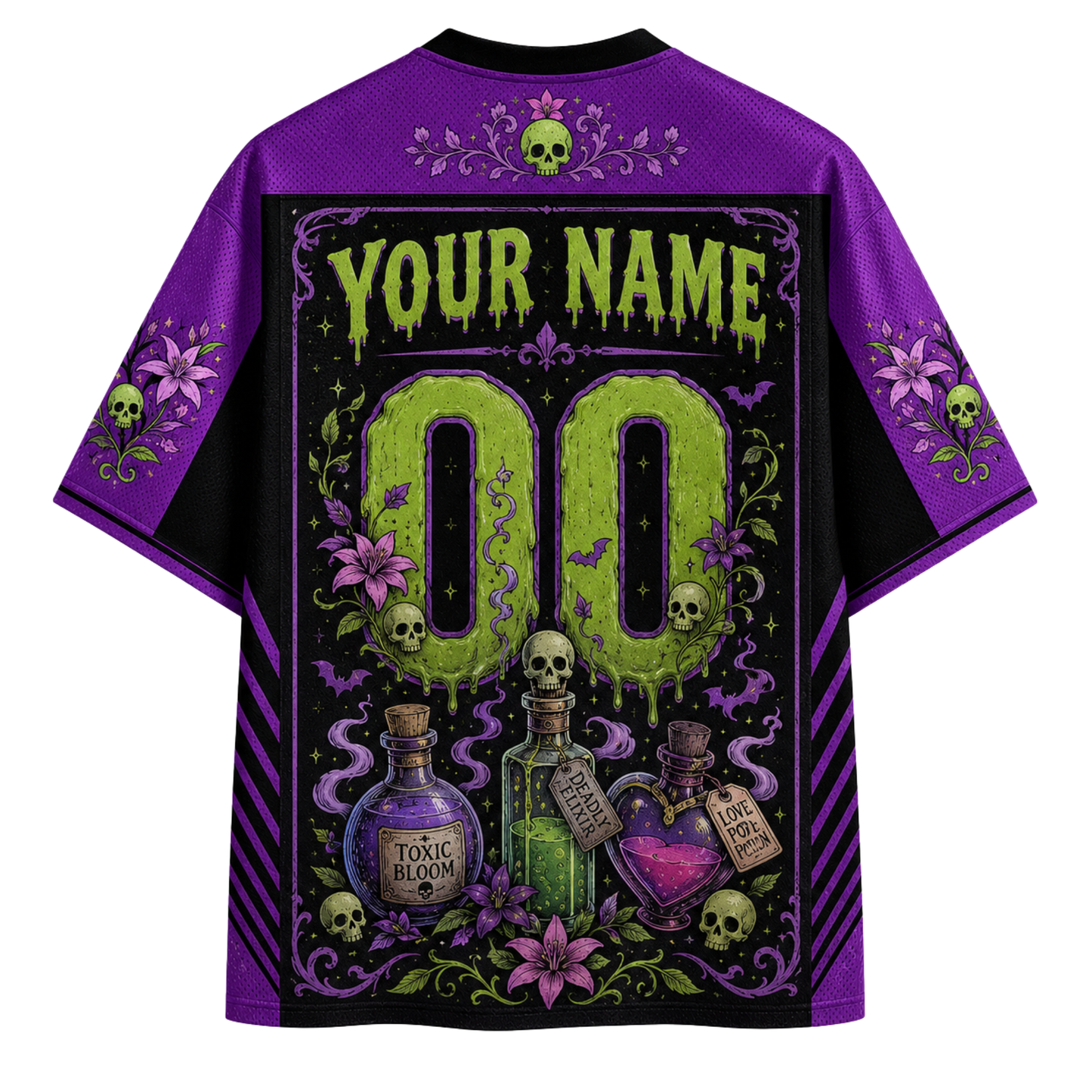 A purple and black short-sleeve t-shirt with a large gothic-themed graphic on the back. The design features a customizable name and number placeholder, surrounded by skulls, purple flowers, potion bottles, and bats.