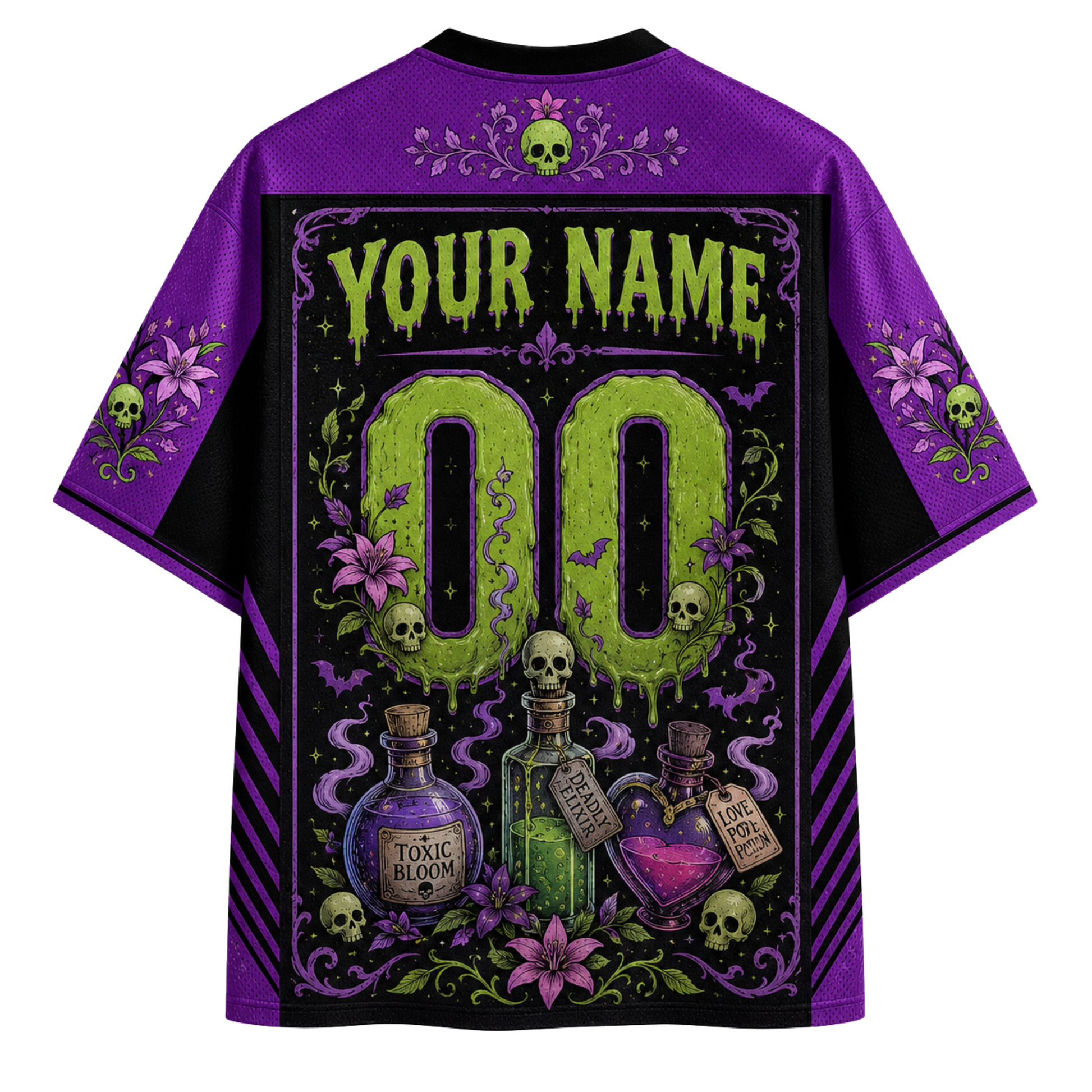 A purple and black short-sleeve t-shirt with a large gothic-themed graphic on the back. The design features a customizable name and number placeholder, surrounded by skulls, purple flowers, potion bottles, and bats.