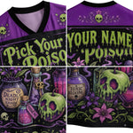 A four-panel product layout showing the front and back of a purple and black V-neck jersey with a Halloween-themed graphic print. The front shows green dripping text reading 'Pick Your Poison' alongside illustrated skull, potion bottle, and flower motifs.