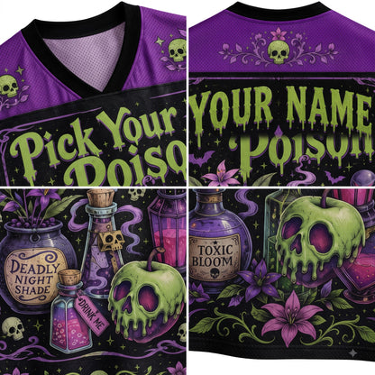 A four-panel product layout showing the front and back of a purple and black V-neck jersey with a Halloween-themed graphic print. The front shows green dripping text reading 'Pick Your Poison' alongside illustrated skull, potion bottle, and flower motifs.