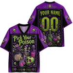 A yellow short-sleeve t-shirt shown from the back, featuring a Halloween theme with black bats, spiderwebs, stars, and leopard-print style graphics. The back has 'YOUR NAME' printed above large numbers '00' filled with a leopard print pattern, and black paint-splatter details along the bottom.