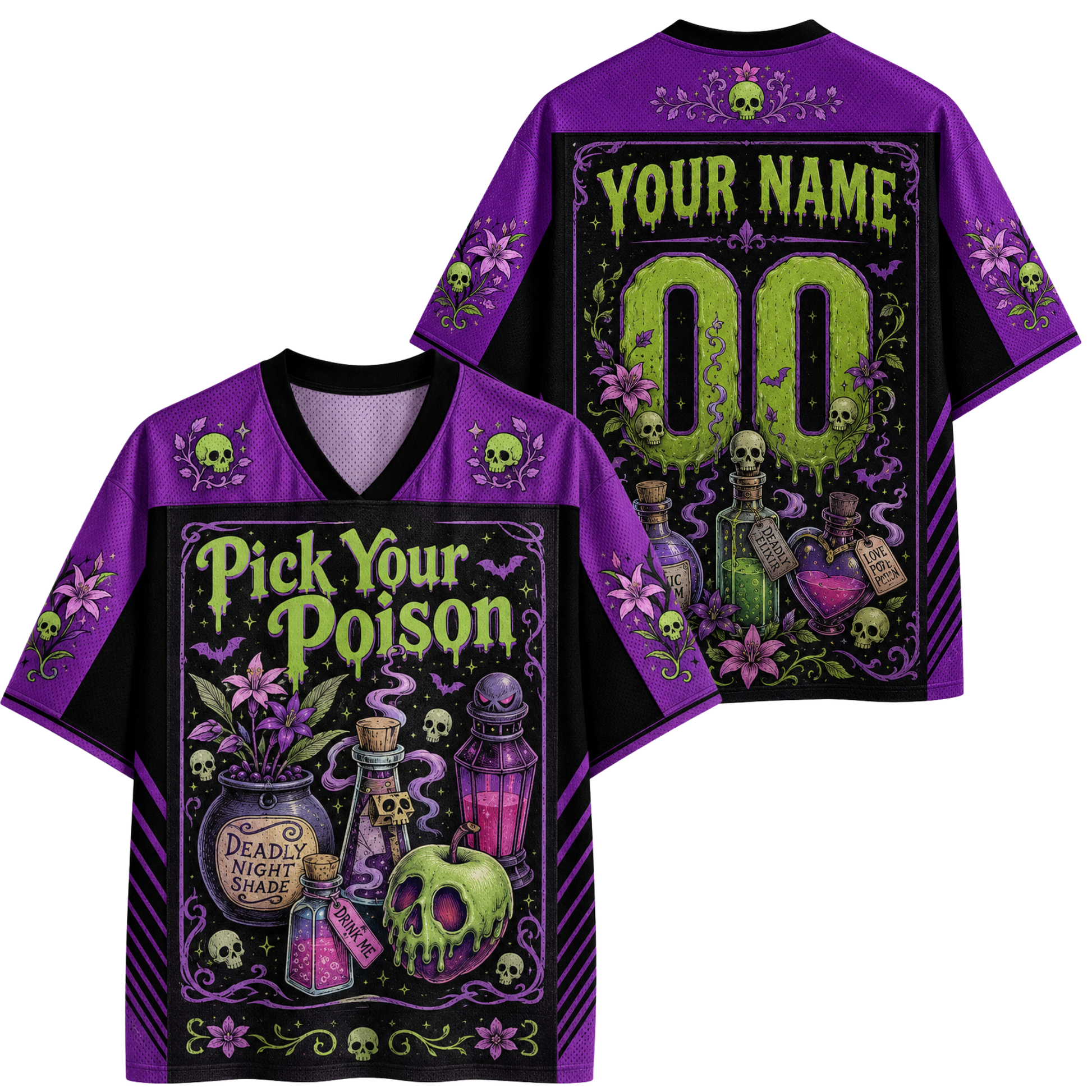 A yellow short-sleeve t-shirt shown from the back, featuring a Halloween theme with black bats, spiderwebs, stars, and leopard-print style graphics. The back has 'YOUR NAME' printed above large numbers '00' filled with a leopard print pattern, and black paint-splatter details along the bottom.