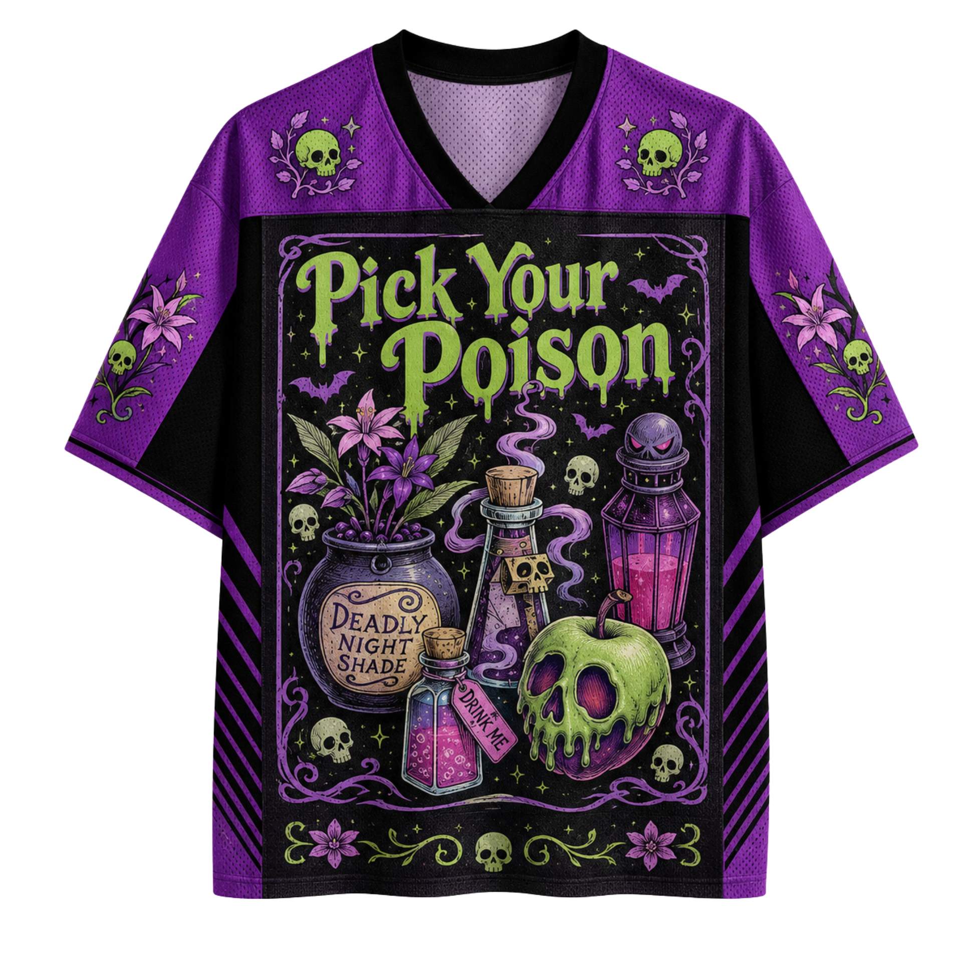 A yellow short-sleeve V-neck t-shirt with a Halloween theme, featuring the word 'MOM' in black dripping letters filled with leopard print, the phrase 'LIKE A ZOMBIE, BUT WITH KIDS' in a black banner, spiderwebs, bats, and stars on a white background.