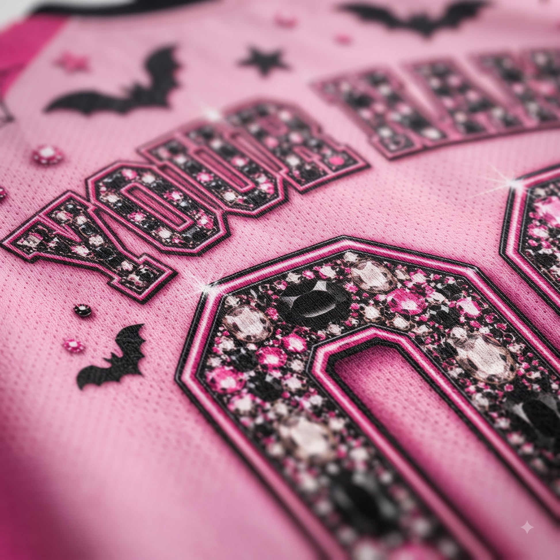 Close-up of a pink athletic jersey with black and pink rhinestone lettering, bat motifs, and a large black-and-pink number detail on the front.
