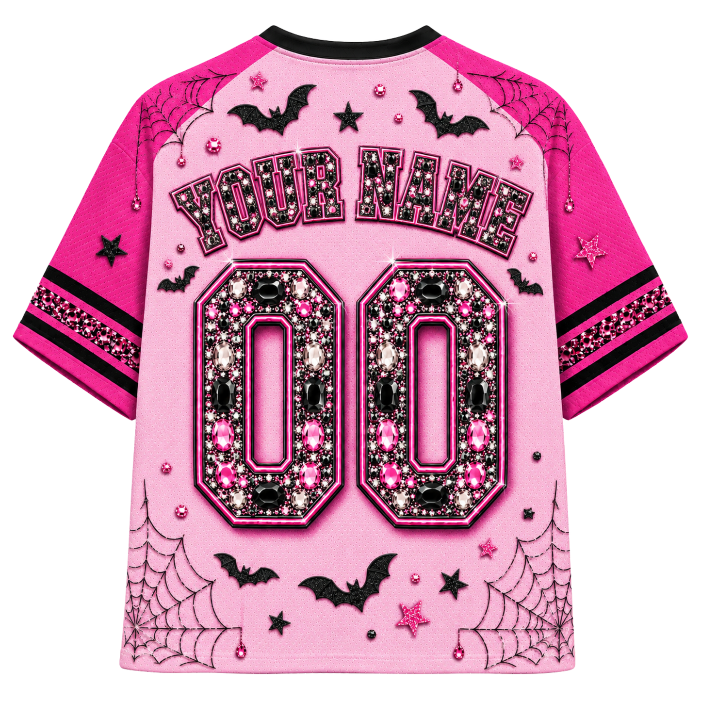 A pink short-sleeve jersey shown from the back, featuring black and pink rhinestone-style embellishments, customizable 'YOUR NAME' text, and large '00' lettering. The design includes black bats, spiderwebs, stars, and small pink gem accents on a light pink background.