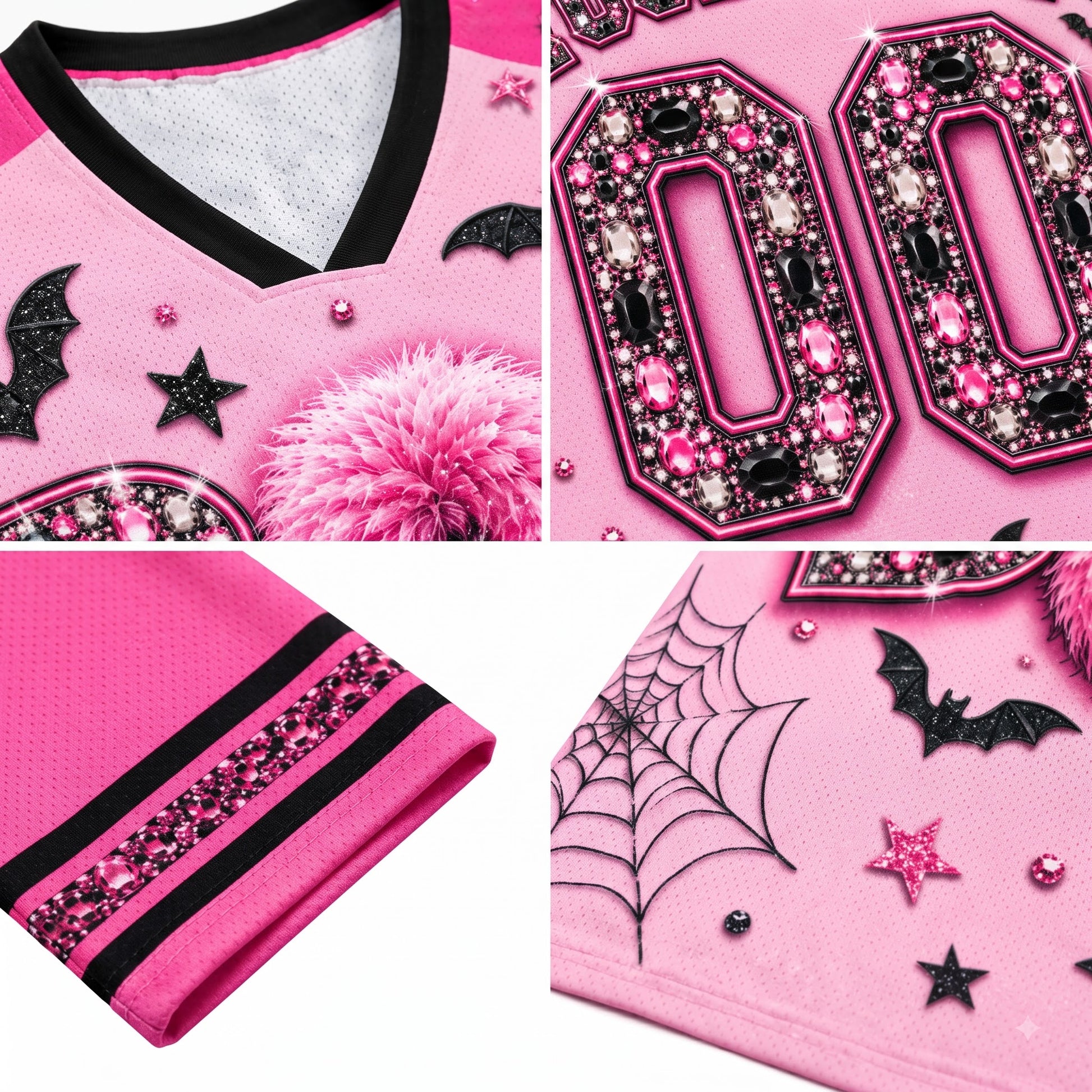 Pink athletic jersey detail collage showing a V-neck interior with black trim, large embellished numbers, a pink pom-pom, black bat and star appliqués, striped sleeve bands with rhinestone trim, and spiderweb/bat graphics on the lower body.