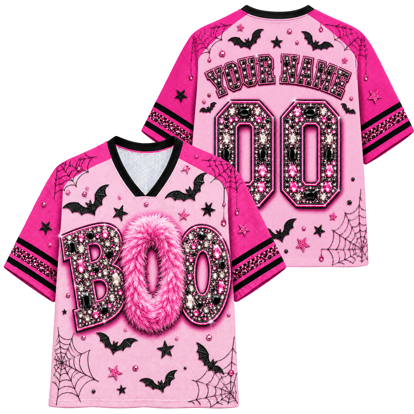 A pink Halloween-themed baseball-style jersey shown from both front and back. The front features the word 'BOO' in large rhinestone-textured letters with a fluffy faux-fur 'O', black bat silhouettes, spiderwebs, stars, and black trim.