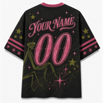 Black short-sleeve t-shirt with customizable pink and green graphics on the back, featuring 'Your Name 00' text, a praying mantis illustration, and pink star accents.