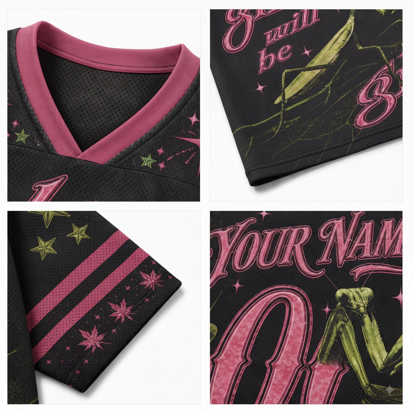 A four-panel close-up collage of a black mesh V-neck jersey or top, showing pink trim, pink and green graphic print, striped sleeve detail, and customizable text areas reading 'YOUR NAME' and '8'.