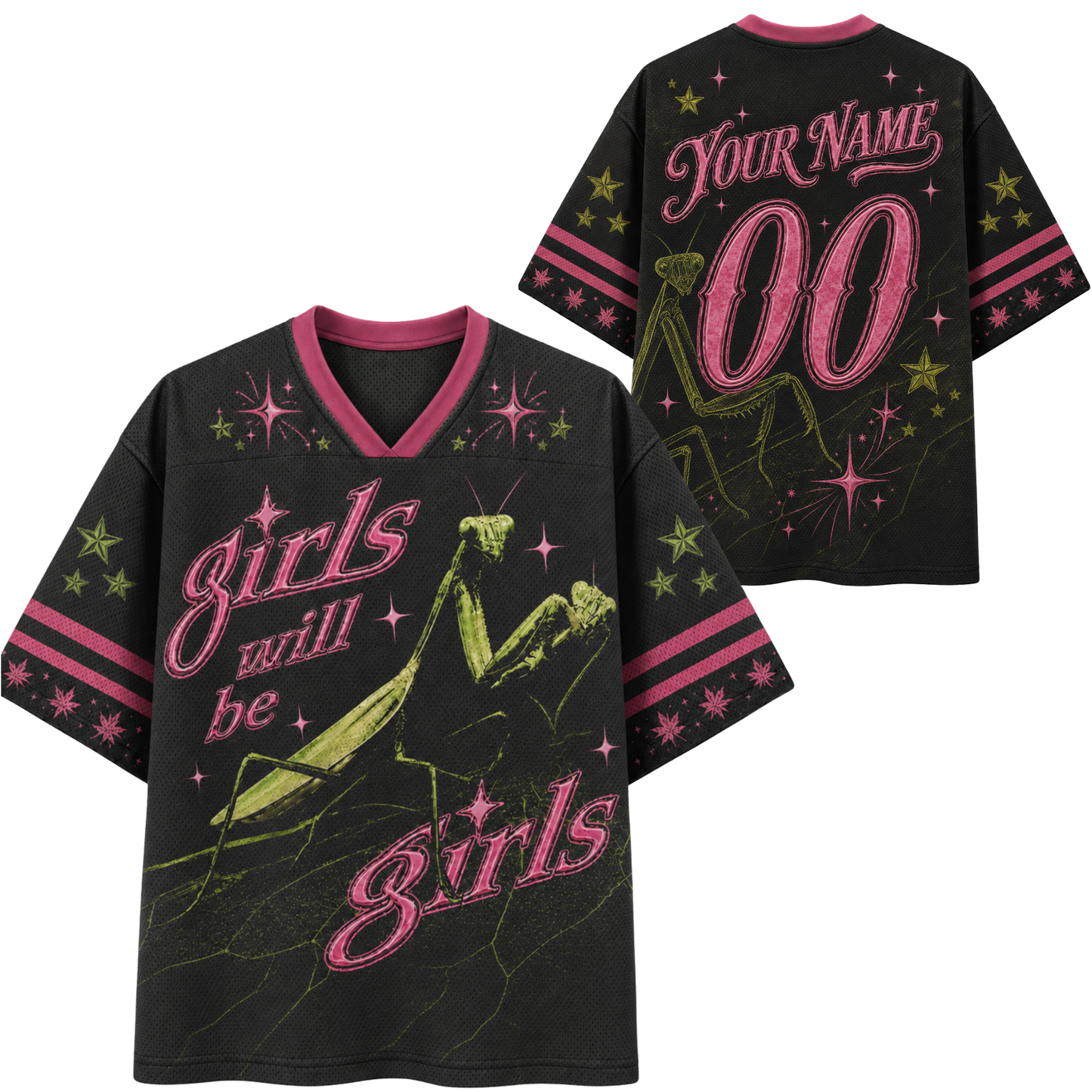 Black short-sleeve V-neck t-shirt with pink and green graphic print featuring a praying mantis and the text 'girls will be girls' on the front, with 'YOUR NAME 00' placeholder text on the back. Shown on a plain white background.