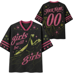 Black short-sleeve V-neck t-shirt with pink and green graphic print featuring a praying mantis and the text 'girls will be girls' on the front, with 'YOUR NAME 00' placeholder text on the back. Shown on a plain white background.