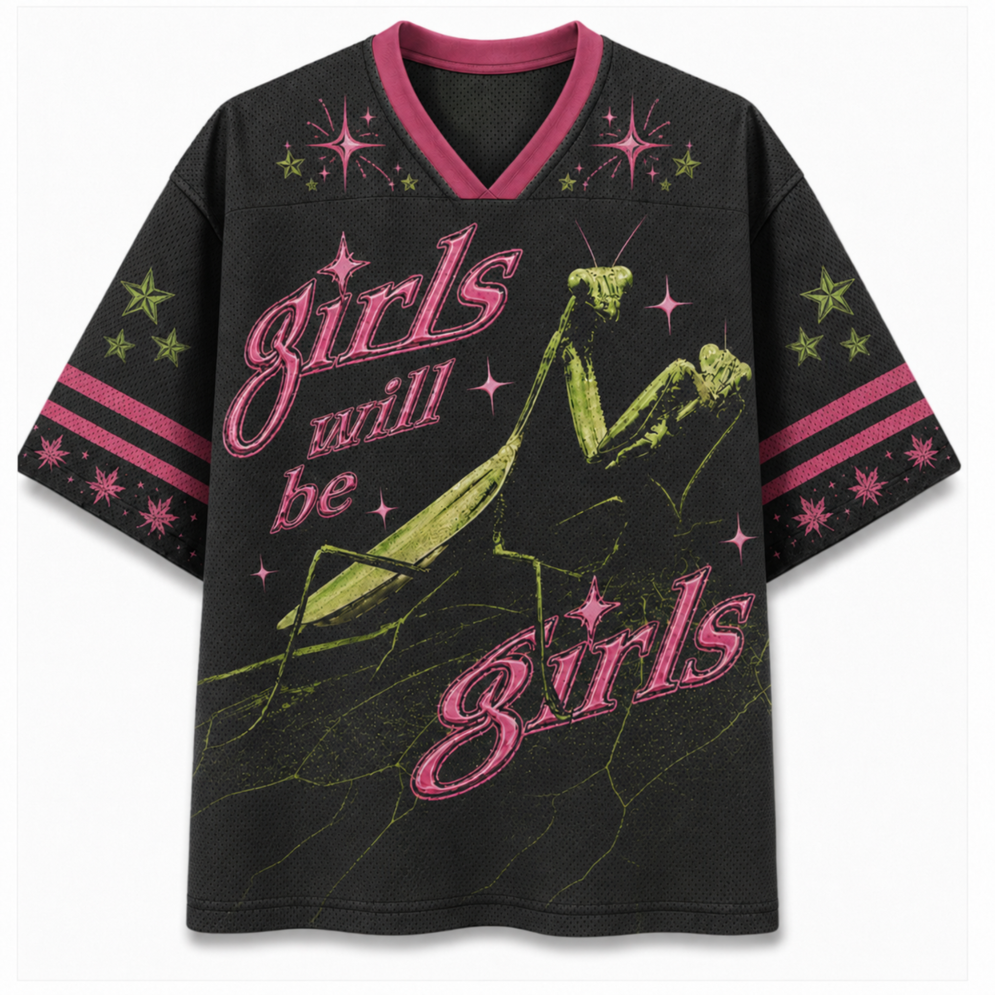 A black short-sleeve V-neck jersey-style graphic top with pink trim and a large graphic print featuring a green praying mantis, pink script text reading 'girls will be girls,' and pink and green starburst accents on the chest and sleeves.