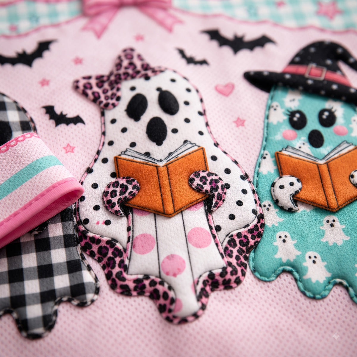 Close-up of a pink quilted fabric featuring embroidered Halloween ghost appliqués. The central ghost is white with black polka dots and leopard-print trim, holding an orange book.