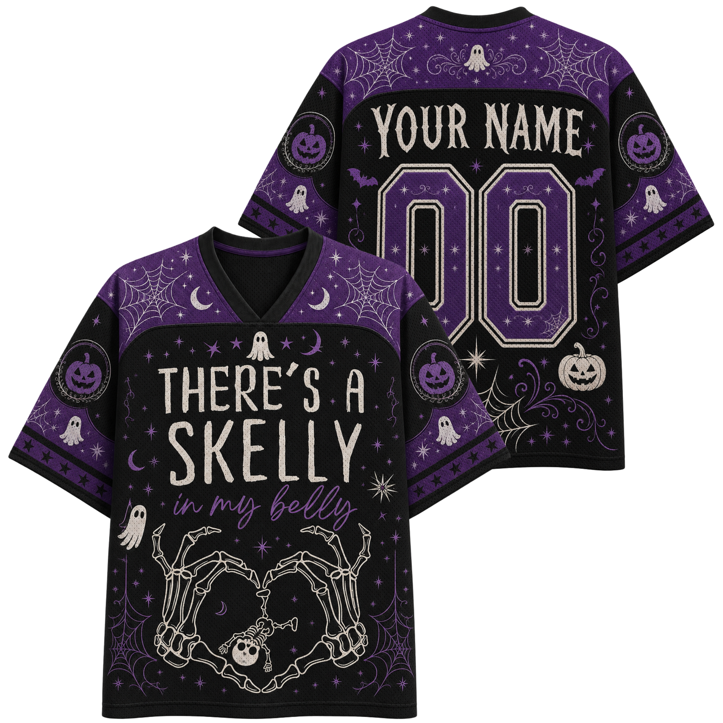 A black and purple Halloween-themed V-neck t-shirt shown from both the front and back. The front features the text 'THERE'S A SKELLY in my belly' with skeleton hands forming a heart, while the back displays 'YOUR NAME' and '00' for personalization.