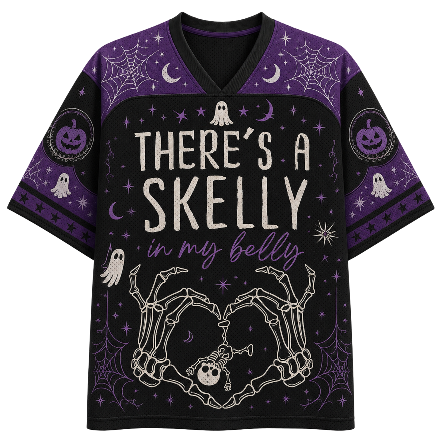 A short-sleeve V-neck t-shirt with a detailed Halloween graphic print. The design features the word 'HALLOWEEN' in a dripping font across the chest, surrounded by illustrated pumpkins, skulls, bats, flames, and spiderwebs on a cream and orange background.