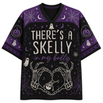 A short-sleeve V-neck t-shirt with a detailed Halloween graphic print. The design features the word 'HALLOWEEN' in a dripping font across the chest, surrounded by illustrated pumpkins, skulls, bats, flames, and spiderwebs on a cream and orange background.