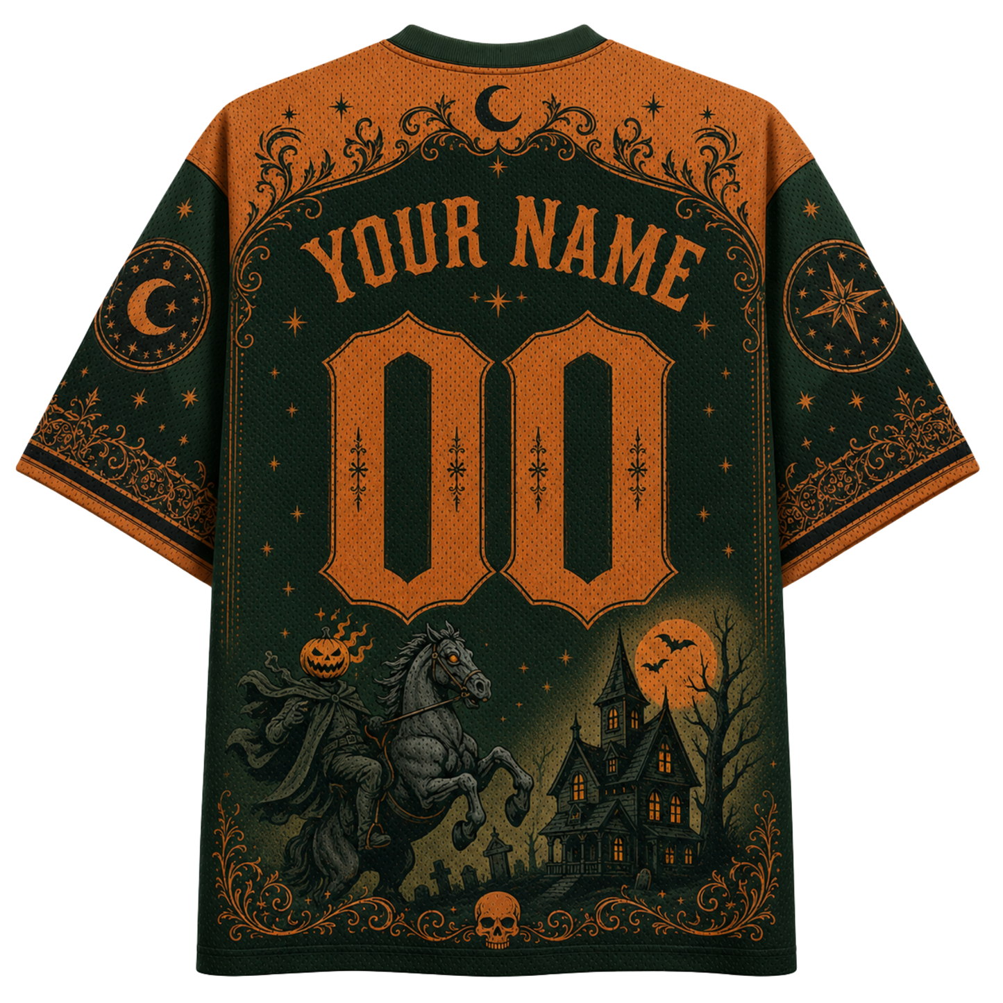 A Halloween-themed short-sleeve t-shirt shown from the back, featuring a dark green and orange color scheme with a customizable name and number print, a pumpkin horse, a haunted house, and a full moon.