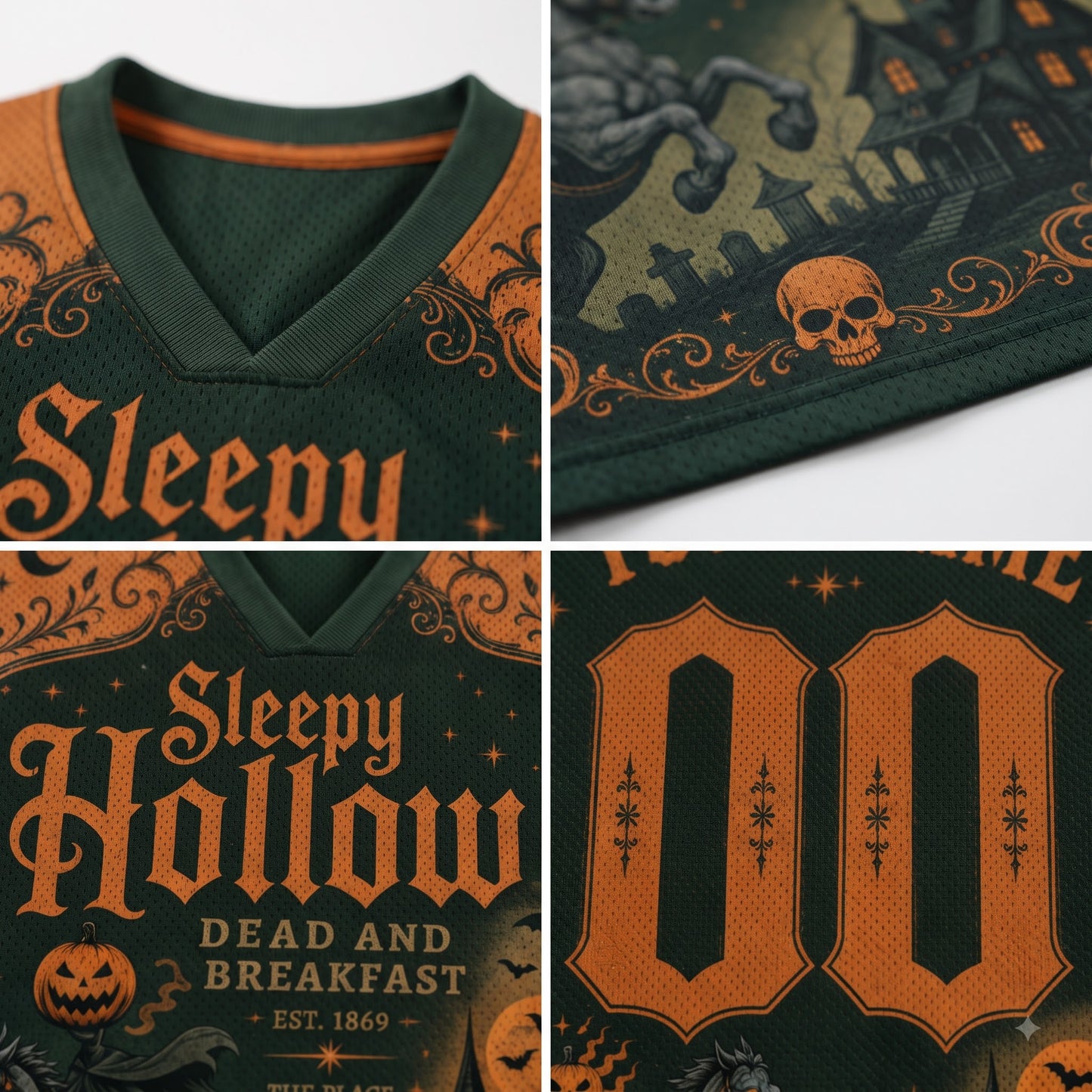 A four-panel close-up collage of a dark green and orange Halloween-themed football jersey. The panels show the V-neck collar, a skull and haunted house graphic on the chest, the text 'Sleepy Hollow Dead and Breakfast' with a pumpkin, and large orange number '00' on the back.