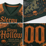A four-panel close-up collage of a dark green and orange Halloween-themed football jersey. The panels show the V-neck collar, a skull and haunted house graphic on the chest, the text 'Sleepy Hollow Dead and Breakfast' with a pumpkin, and large orange number '00' on the back.