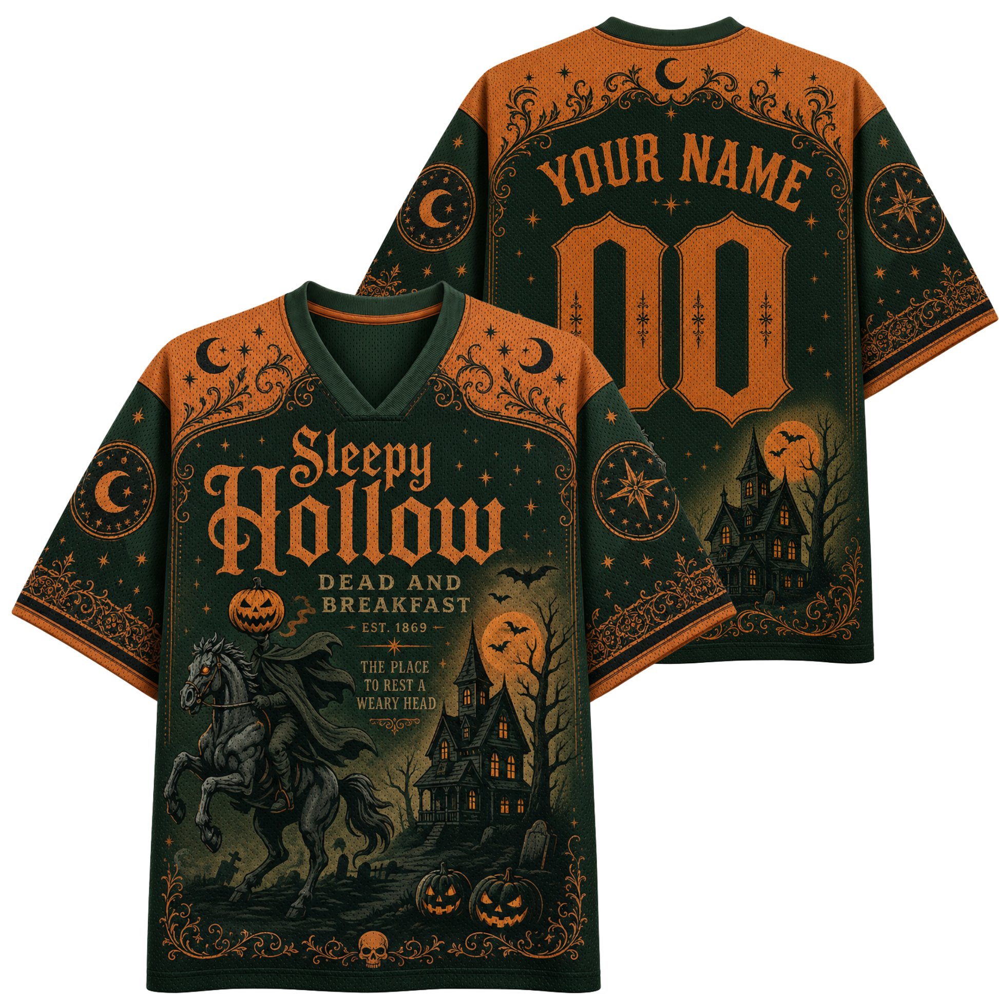Front and back views of a Halloween-themed short-sleeve t-shirt. The shirt features a dark forest green base with orange graphics and text, including 'Sleepy Hollow Dead and Breakfast', a horse, a haunted house, pumpkins, and stars.