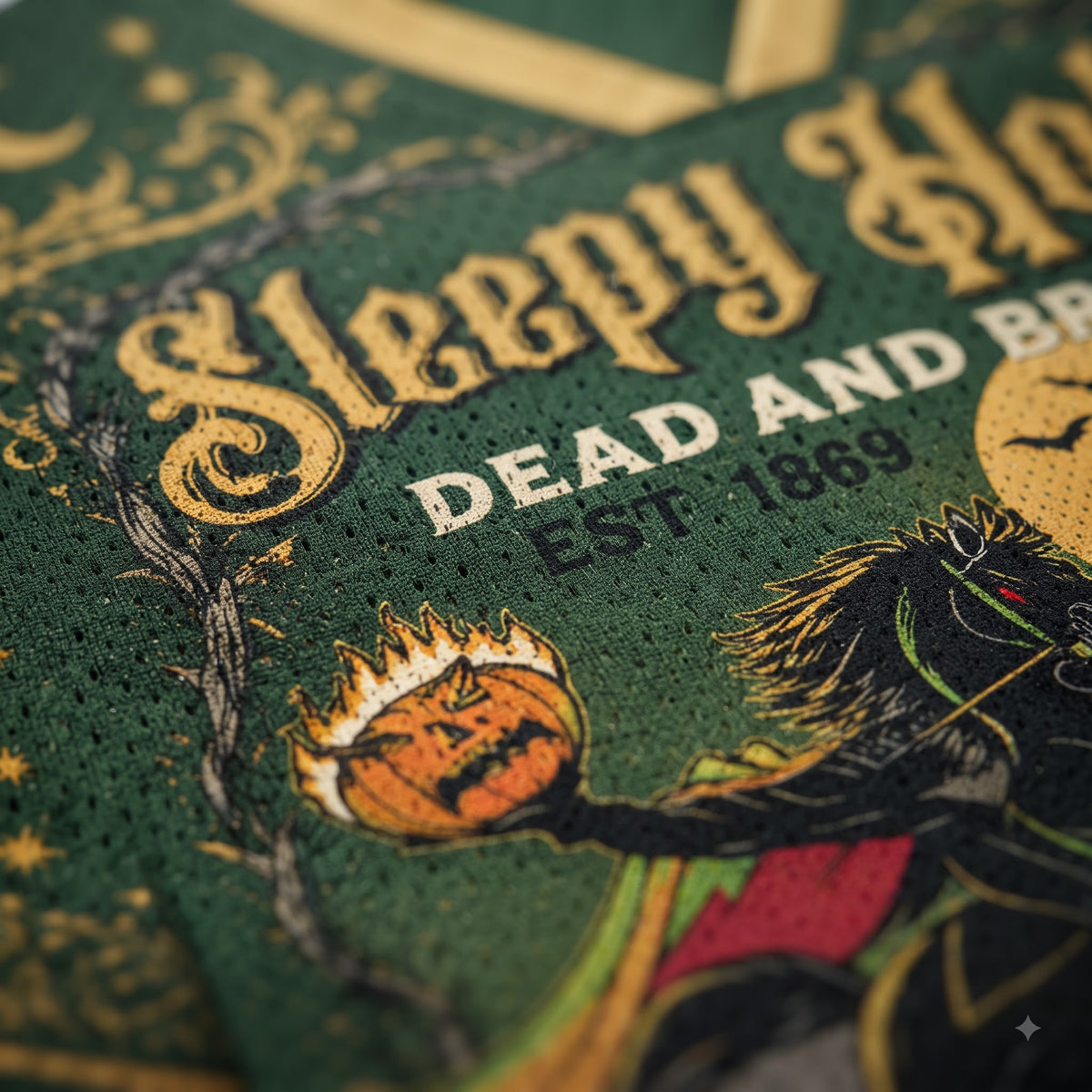 A close-up of a printed paper napkin or coaster featuring a Halloween-themed design with the words 'Sleepy Head' and 'Dead and Buried Est. 1889,' along with an illustrated witch, pumpkin, and dark background.