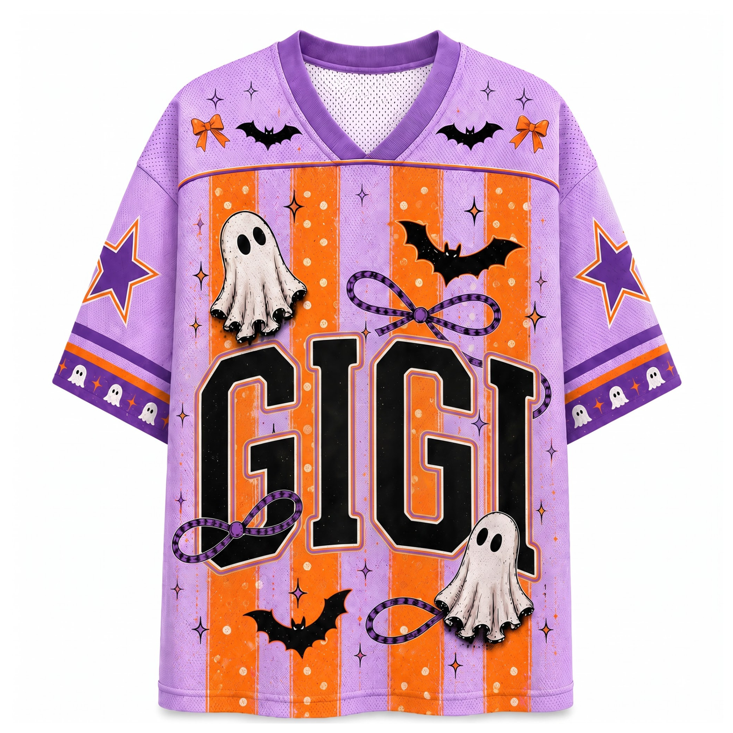 A purple and orange Halloween-themed V-neck jersey shirt with 'GIGI' printed across the front, decorated with ghosts, bats, stars, and bows.