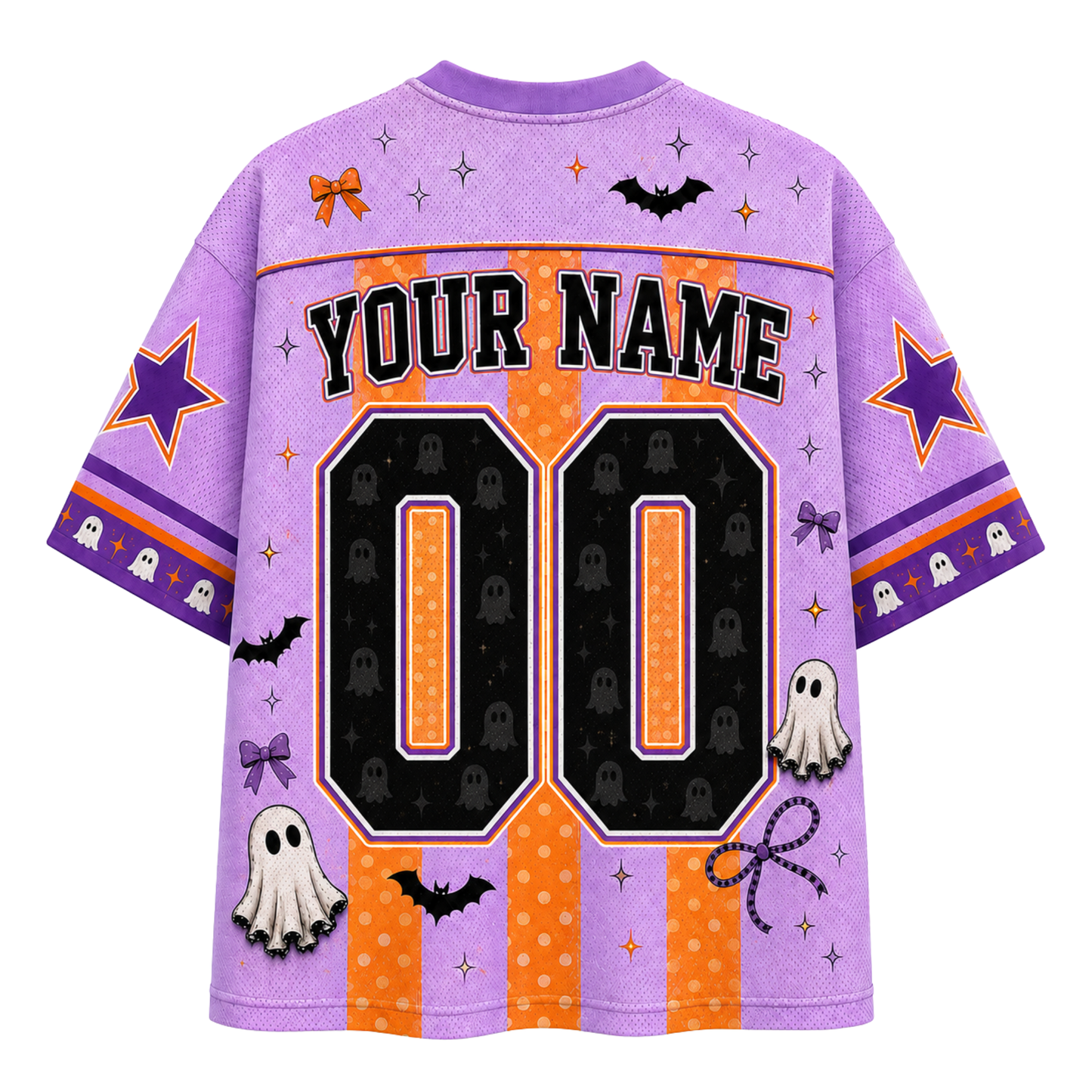 A purple and orange Halloween-themed custom sports jersey shown from the back, featuring 'YOUR NAME' and the number '00' with ghost, bat, and star graphics.