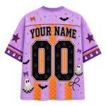 A purple and orange Halloween-themed custom sports jersey shown from the back, featuring 'YOUR NAME' and the number '00' with ghost, bat, and star graphics.