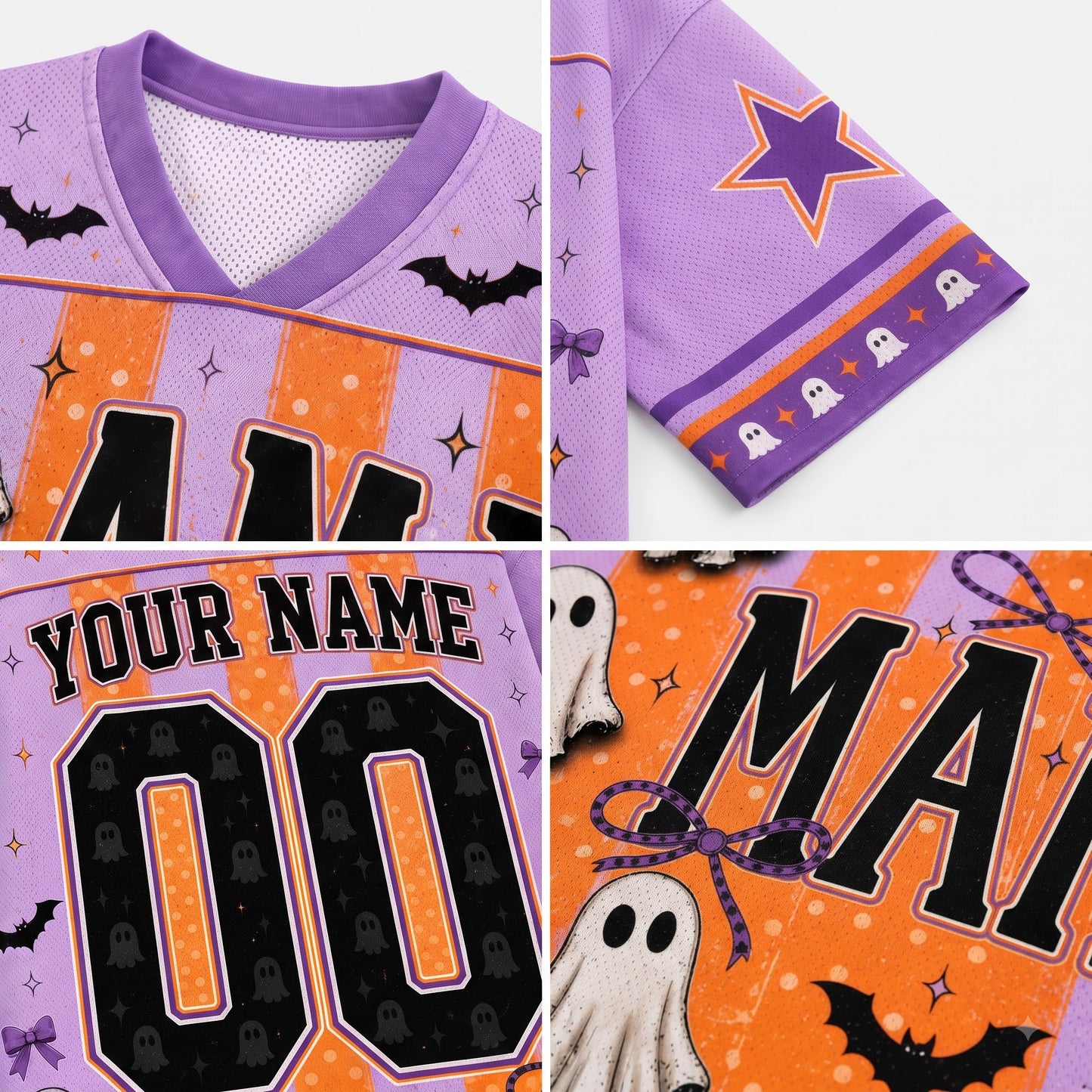 A 2x2 collage showing close-up details of a customizable purple and orange Halloween sports jersey. The top-left panel shows the front collar and upper chest with purple mesh, purple trim, and orange stripes with bat graphics.